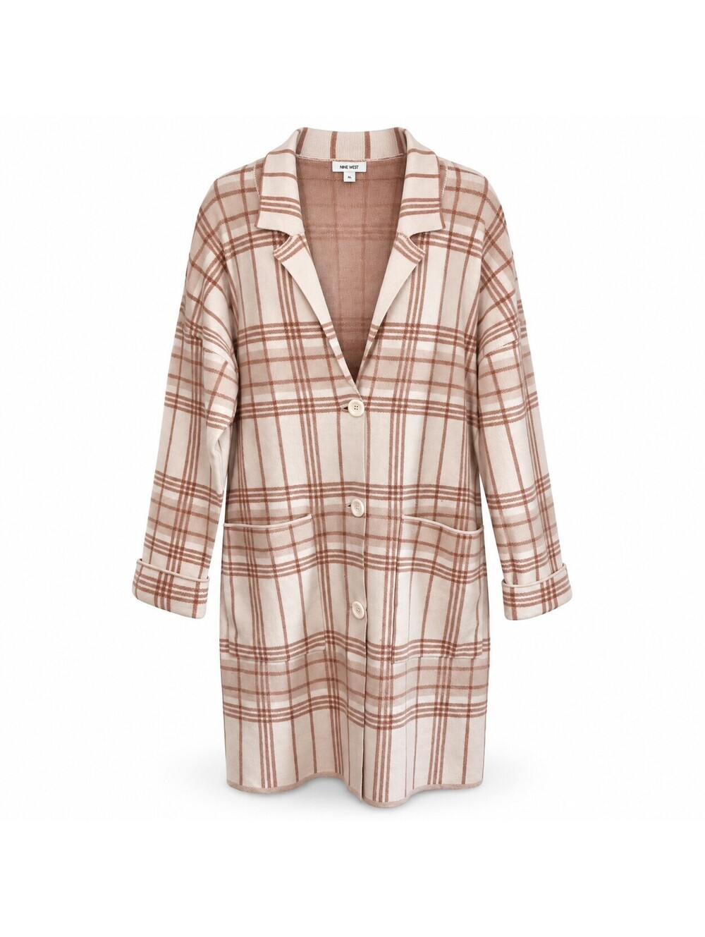 Nine West XL Plaid Coatigan Cream Blush Longline Preppy Oversized Grandpacore